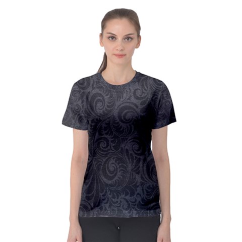 Black Romantic Flower Pattern Denim Women s Sport Mesh Tee by Ivana