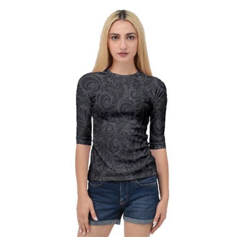 Black Romantic Flower Pattern Denim Quarter Sleeve Tee by Ivana