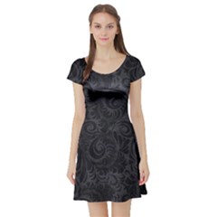 Black Romantic Flower Pattern Denim Short Sleeve Skater Dress by Ivana