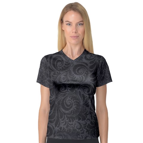 Black Romantic Flower Pattern Denim Women s V-neck Sport Mesh Tee by Ivana