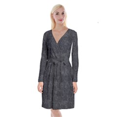 Black Romantic Flower Pattern Denim Long Sleeve Velvet Front Wrap Dress by Ivana