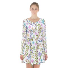 Twigs And Floral Pattern Long Sleeve Velvet V-neck Dress by Coelfen