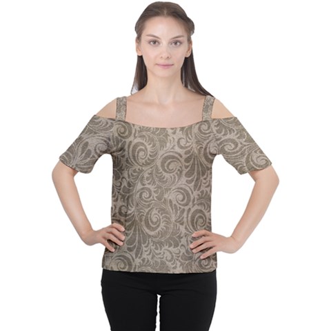 Brown Romantic Flower Pattern Women s Cutout Shoulder Tee by Ivana