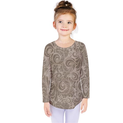 Brown Romantic Flower Pattern Kids  Long Sleeve Tee by Ivana