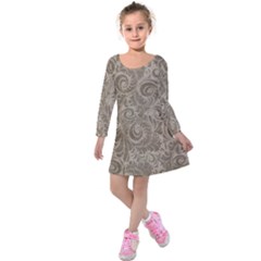 Brown Romantic Flower Pattern Kids  Long Sleeve Velvet Dress by Ivana