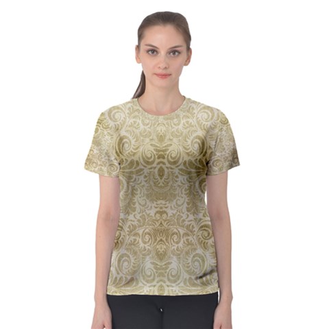 Gold Romantic Flower Pattern Women s Sport Mesh Tee by Ivana