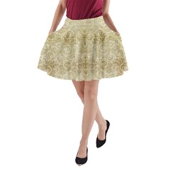 Gold Romantic Flower Pattern A-line Pocket Skirt by Ivana