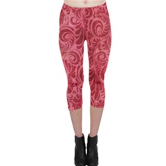 Red Romantic Flower Pattern Capri Leggings  by Ivana