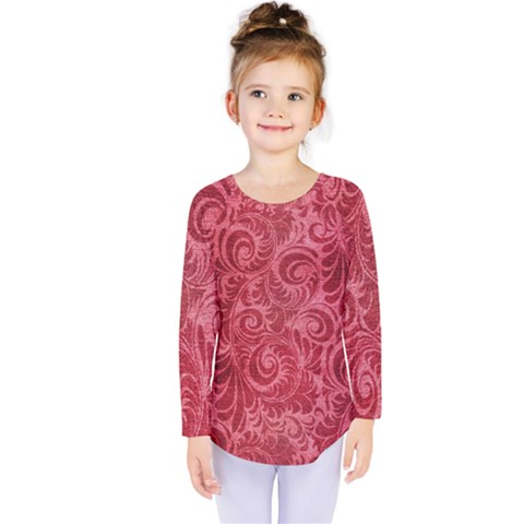 Red Romantic Flower Pattern Kids  Long Sleeve Tee by Ivana