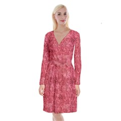 Red Romantic Flower Pattern Long Sleeve Velvet Front Wrap Dress by Ivana