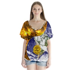 Design Yin Yang Balance Sun Earth Flutter Sleeve Top by Nexatart