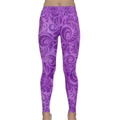 Purple Romantic Flower Pattern Denim Classic Yoga Leggings by Ivana