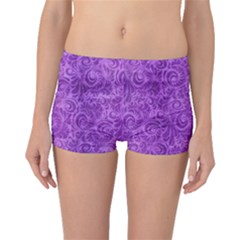 Purple Romantic Flower Pattern Denim Boyleg Bikini Bottoms by Ivana