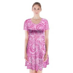 Pink Romantic Flower Pattern Denim Short Sleeve V-neck Flare Dress by Ivana