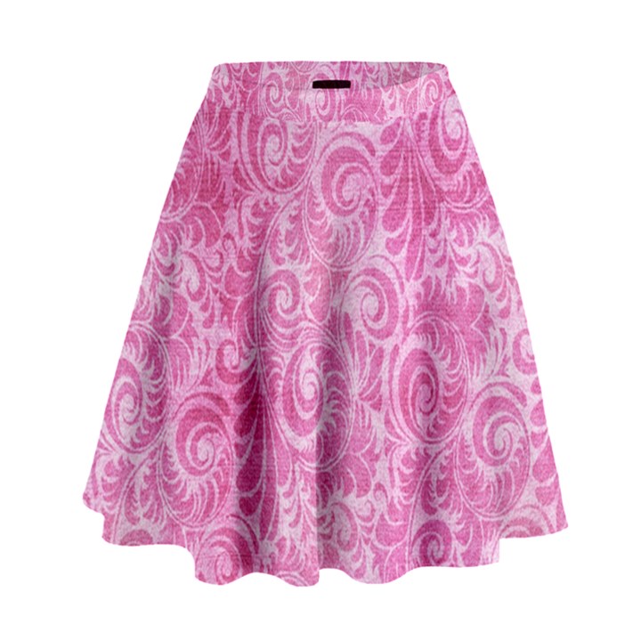 Pink Romantic Flower Pattern Denim High Waist Skirt