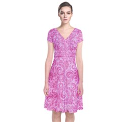 Pink Romantic Flower Pattern Denim Short Sleeve Front Wrap Dress by Ivana