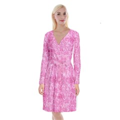 Pink Romantic Flower Pattern Denim Long Sleeve Velvet Front Wrap Dress by Ivana