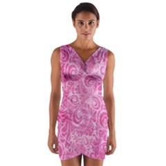 Pink Romantic Flower Pattern Denim Wrap Front Bodycon Dress by Ivana
