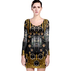 Foxy Panda Lady With Bat And Hat In The Forest Long Sleeve Bodycon Dress