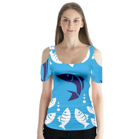 Blue Fish Tuna Sea Beach Swim White Predator Water Butterfly Sleeve Cutout Tee  by Mariart