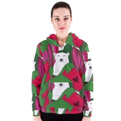 Animals White Bear Flower Floral Red Green Women s Zipper Hoodie by Mariart