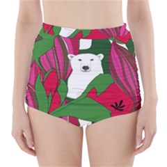 Animals White Bear Flower Floral Red Green High-waisted Bikini Bottoms by Mariart
