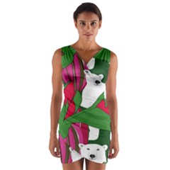 Animals White Bear Flower Floral Red Green Wrap Front Bodycon Dress by Mariart