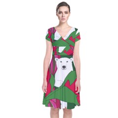 Animals White Bear Flower Floral Red Green Short Sleeve Front Wrap Dress by Mariart