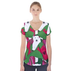 Animals White Bear Flower Floral Red Green Short Sleeve Front Detail Top by Mariart