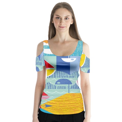 Boats Ship Sea Beach Butterfly Sleeve Cutout Tee  by Mariart