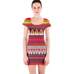 Fabric Aztec Red Line Polka Circle Wave Chevron Star Short Sleeve Bodycon Dress