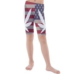 Flag American Star Blue Line White Red Marijuana Leaf Kids  Mid Length Swim Shorts by Mariart