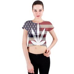 Flag American Star Blue Line White Red Marijuana Leaf Crew Neck Crop Top