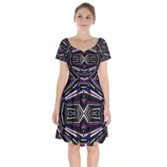 Dark Ethnic Sharp Bold Pattern Short Sleeve Bardot Dress by dflcprintsclothing