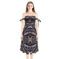Dark Ethnic Sharp Bold Pattern Shoulder Tie Bardot Midi Dress by dflcprintsclothing