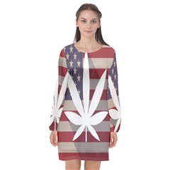 Flag American Star Blue Line White Red Marijuana Leaf Long Sleeve Chiffon Shift Dress 