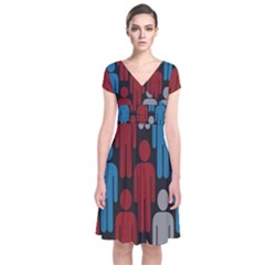 Human Man People Red Blue Grey Black Short Sleeve Front Wrap Dress by Mariart