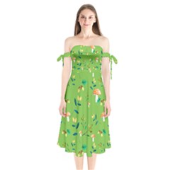 Mushrooms Flower Leaf Tulip Shoulder Tie Bardot Midi Dress