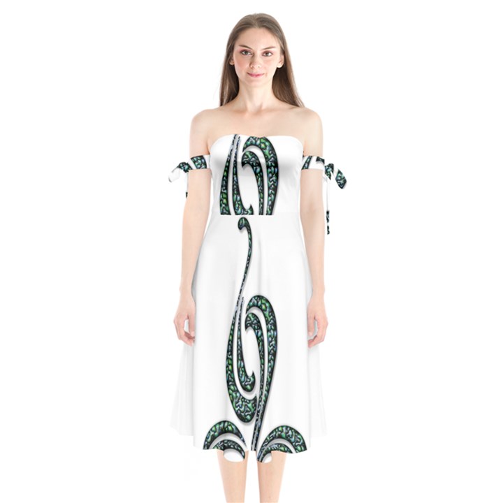 Scroll Retro Design Texture Shoulder Tie Bardot Midi Dress