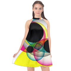 Apollonius Color Multi Circle Polkadot Halter Neckline Chiffon Dress 
