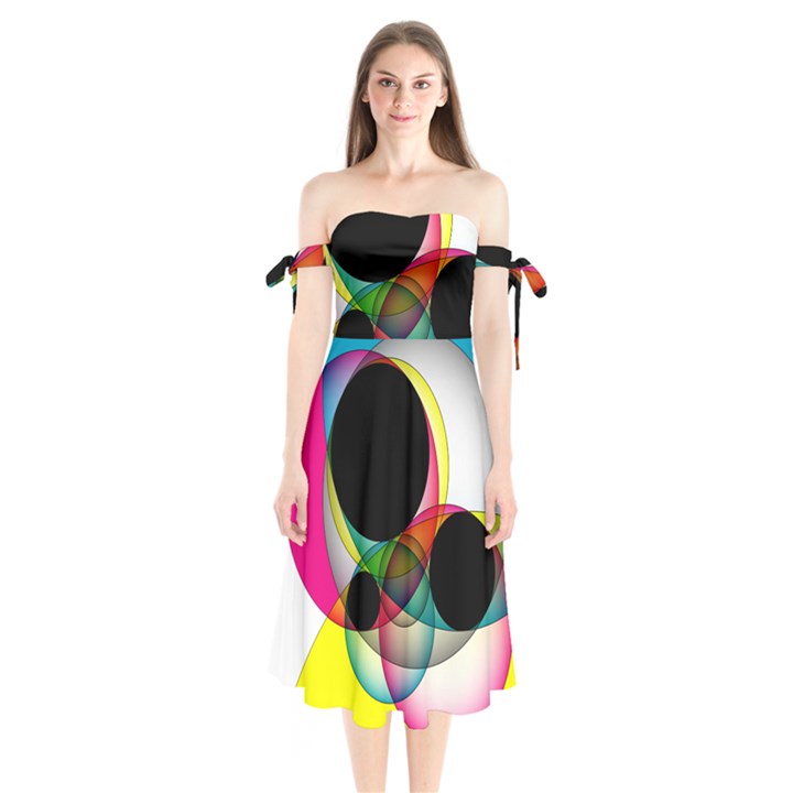 Apollonius Color Multi Circle Polkadot Shoulder Tie Bardot Midi Dress