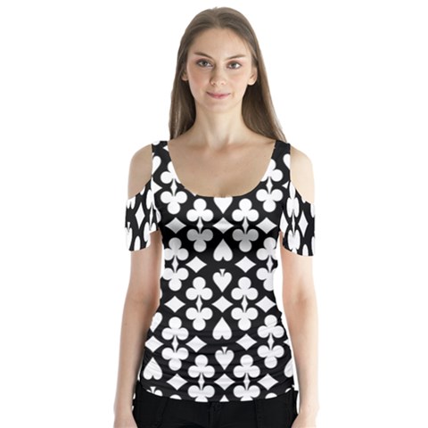 Dark Horse Playing Card Black White Butterfly Sleeve Cutout Tee  by Mariart