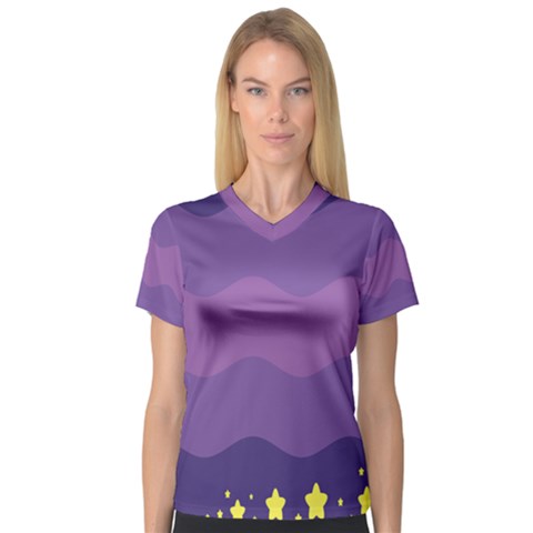 Glimragender Flags Wave Waves Chevron Purple Blue Star Yellow Space Women s V-neck Sport Mesh Tee by Mariart