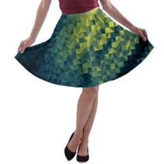 Polygon Dark Triangle Green Blacj Yellow A-line Skater Skirt by Mariart