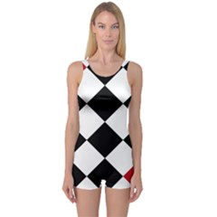 Survace Floor Plaid Bleck Red White One Piece Boyleg Swimsuit by Mariart