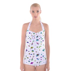 Space pattern Boyleg Halter Swimsuit 