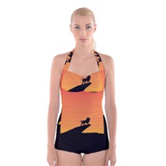 Lion Sunset Wildlife Animals King Boyleg Halter Swimsuit  by Nexatart