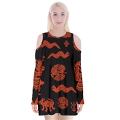 Aztecs Pattern Velvet Long Sleeve Shoulder Cutout Dress by ValentinaDesign