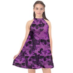 Cloudy Skulls Black Purple Halter Neckline Chiffon Dress 