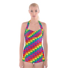 Colorful 3d Rectangles                  Boyleg Halter Swimsuit by LalyLauraFLM
